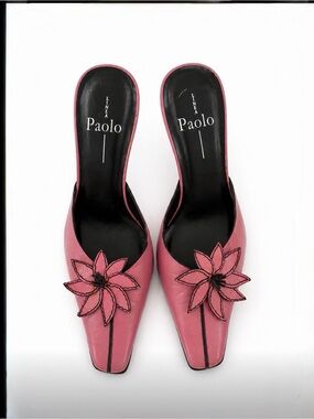 Paolo Rose Pink Floral Appliqué Slide Mules